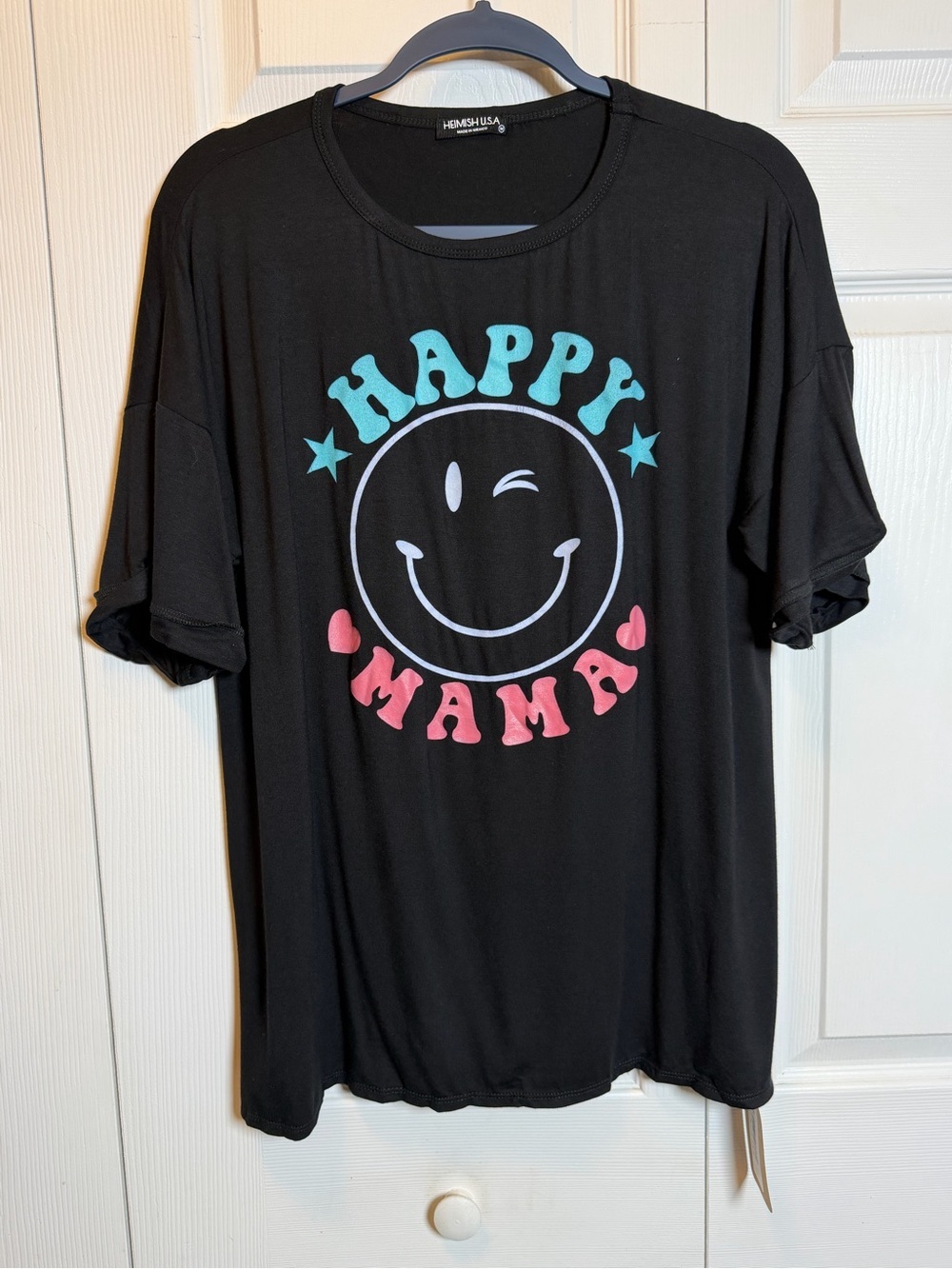 Heimish USA Happy Mama Smiley Graphic Tee Black Medium NWT